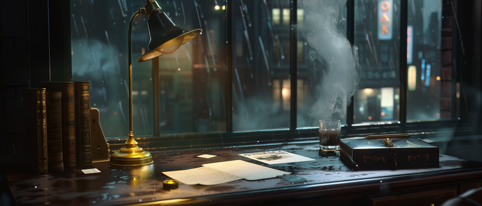 A rain-lit desk with files, smoke, and a city window beyond.