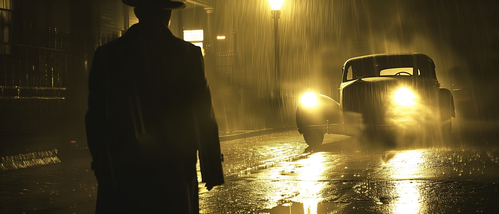 A solitary figure stands in the rain as headlights cut through the dark.